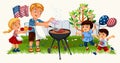 Blonde young man with lovely kids cooking steak on bbq