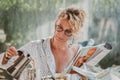 Blonde woman at breakfast time. Royalty Free Stock Photo