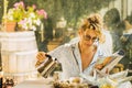 Blonde woman at breakfast time. Royalty Free Stock Photo