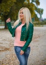 Blonde young woman at autumn time , lifestyle Royalty Free Stock Photo