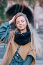 Blonde young woman smiling laughing fashion emotional