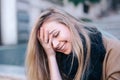 Blonde young woman smiling laughing fashion emotional