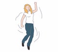 a blonded hair woman with white shirt dances happily