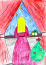 Blondie Girl In The Pink Dress Looking At The Window, Christmas Time, Child Drawing