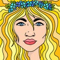 Blondy girl portrait with blue flowers in her hair.