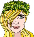 Blondy girl portrait with green leaves in her hair.