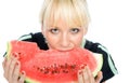 Blondy hold water-melon Royalty Free Stock Photo