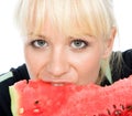 Blondy hold water-melon Royalty Free Stock Photo