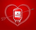 Blood bag red color and Love heart sign frame with arrow shape made from cord illustration Royalty Free Stock Photo