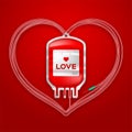 Blood bag red color and Love heart sign frame shape made from cord illustration Royalty Free Stock Photo