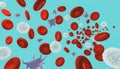 Blood cells 3d rendering illustration. Red and white blood cells and platelets flowing on a blue or aqua background. Medical and Royalty Free Stock Photo