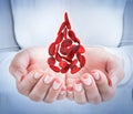Blood cells in hands - shaped blood drop Royalty Free Stock Photo