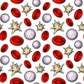 Blood cells seamless pattern. Hand drawn erythrocytes, leukocytes and platelet. Scientific biology illustration in sketch style