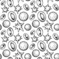 Blood cells seamless pattern. Hand drawn erythrocytes, leukocytes and platelet. Scientific biology illustration in sketch style