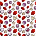 Blood cells seamless pattern. Hand drawn erythrocytes, leukocytes and platelet. Scientific biology illustration in sketch style Royalty Free Stock Photo