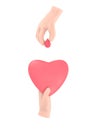 Blood donation concept. Drop of blood hold in hand giving the heart. 3D illustrations flat design. Donor day Royalty Free Stock Photo