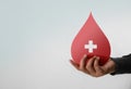 Blood Donation Concept. Help, Care, Love, Support. Hand Holding a Red Drop and Cross