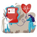 Blood donation concept vector illustration. Donor male character giving his blood to save life and receiving gratitude red heart Royalty Free Stock Photo