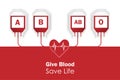 Blood donation, give blood save life concept. A, B, AB, O type blood in blood bags direct to save patient life in heart shape with