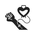 Blood donation glyph black icon. Donorship. Volunteering. Outline pictogram for web page, mobile app, promo.