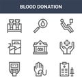 9 blood donation icons pack. trendy blood donation icons on white background. thin outline line icons such as health report,