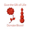 Blood donation poster template with blood drops, flower, text Blood for life on white background.