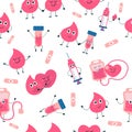 Blood donation seamless pattern. Character drops of blood, heart, syringe, blood bag