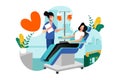 Blood donation, transfusion. Vector cartoon illustration. Volunteer female donor donating blood in hospital laboratory