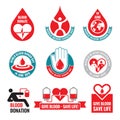 Blood donation - vector logo badges collection. World blood donor day - 14 June. Heart and blood drop illustration. Blood donate. Royalty Free Stock Photo
