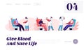 Blood Donation Website Landing Page, Volunteers Male Characters Sitting in Medical Hospital Chair Donating Blood, Male Donors