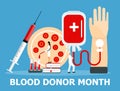 Blood donor awareness month is celebrated in January in USA. Donorship concept vector in flat style. Medical banner with blood Royalty Free Stock Photo