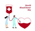 Blood donor day flat vector illustration. Small people hospital doctor, nurse in face masks drip blood in from medic