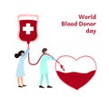Blood donor day vector illustration. Small people hospital doctor and nurse in face masks drip blood in from medic