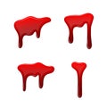 Blood drip 3D set. Drop blood isloated white background. Happy Halloween decoration design. Red splatter stain, splash