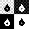 Blood drop icon isolated on black, white and transparent background. Donate drop blood with cross sign. Donor concept Royalty Free Stock Photo