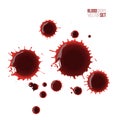 Blood drops set. Red splattered stains, splash, drip liquid spots vector illustration. Murder crime scene textures on