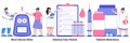 Blood glucose meter, diabetes exam results, diabetes medications concept with tiny people. Diabetes treatment abstract vector