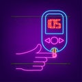Blood glucose meter level neon test. Diabetes glucometer. Abstract concept graphic web banner element. Vector
