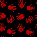 Blood hand print seamless pattern on black background. Red paint. Vector hand-drawn background. Royalty Free Stock Photo