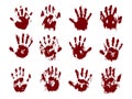 Blood horror hands set. Scary bloody handprints and murder, splatter marks, violence fingerprints or imprints collection