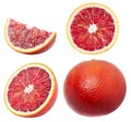 Blood orange collection. Whole, half, slice and a piece of red orange fruit isolated on white background.