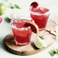 Blood orange and lime margarita cocktail with slices of fresh fruit and ice on optimistic green background Royalty Free Stock Photo