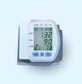 Blood pressure counter. Vector image of an electronic device with a cuff placed around the shoulder. Man checking arterial blood Royalty Free Stock Photo