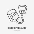 Blood pressure doodle line icon. Vector thin outline illustration of sphygmomanometer. Black color linear sign for