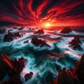 blood red sunset and deep blue ocean with gale force winds
