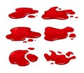 Blood spill set on a white isolated background. Red puddle of paint. Vector cartoon illustration.