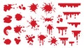 Blood splash set. Drop and blob of blood. Bloodstains. Isolated. Vector illustration of bloody ink drips on white.