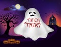 Blood stain lettering on white ghost with castle, tree,full moon and halloween pumpkins in background for banner,illustration and