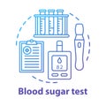 Blood sugar testing gadget concept icon. Controlling glucose level idea thin line illustration. Modern glucometer for