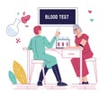 Blood test banner with doctor taking blood sample for analysis, flat vector isolated.